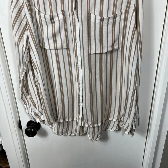 Nordstrom BP Tan & White Striped Button-Up Shirt | Long Sleeve Hi-Low Hem Size L - Picture 4 of 10